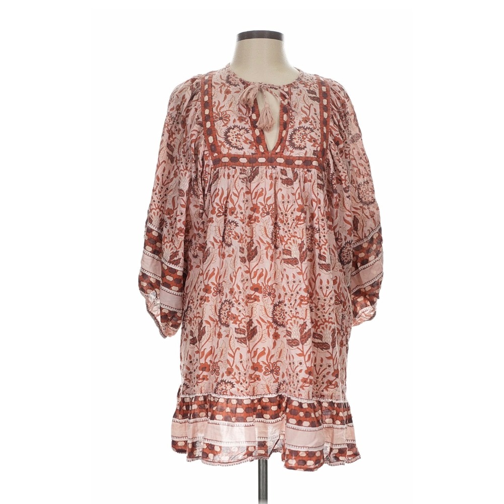 Cleobella Olivia Tunic Dress Lg Floral Boho Cotton Mini Pink Brown Tassel Tie